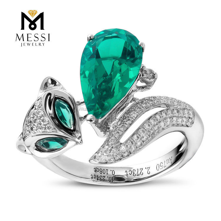 Joyería de oro blanco de 14k y 18k, venta al por mayor, anillo de esmeralda, forma de animal de zorro, joyería de esmeralda sexy para mujer